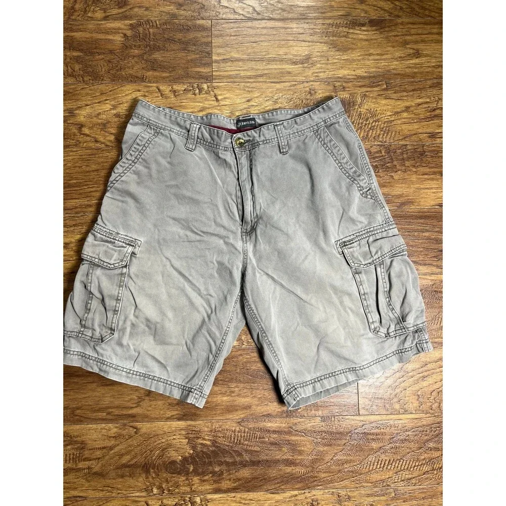 Vtg St Johns Bay Cargo Shorts Mens 36 Gray Khaki Cotton Outdoor Hiking Fishing